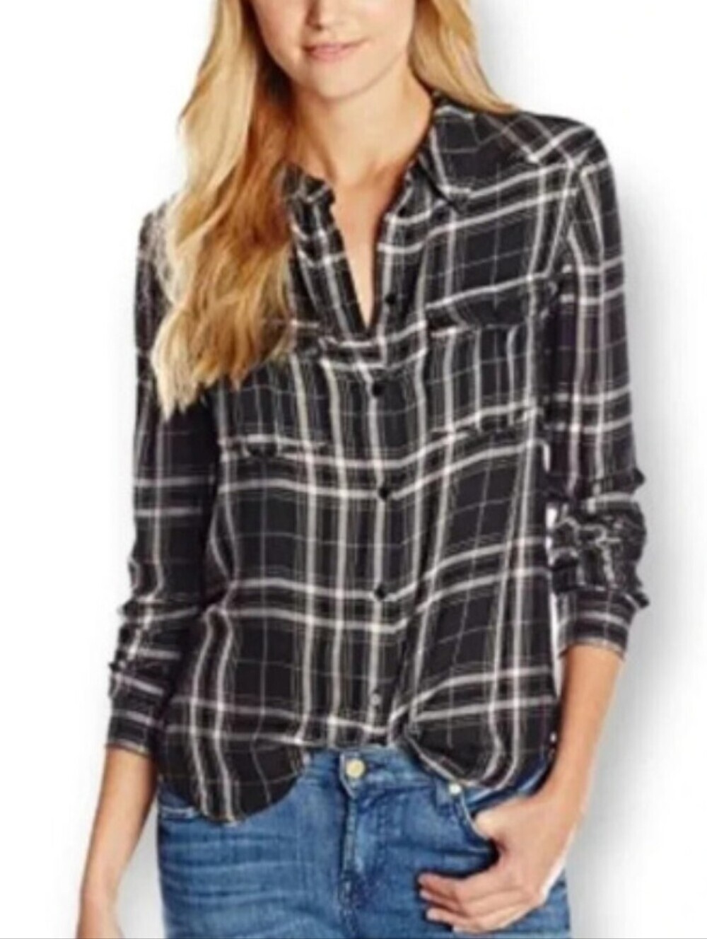 PAIGE Heritage Plaid Flannel Button Up in Black White Rosewater Pink XS